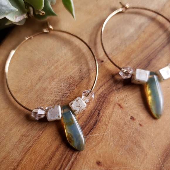 Tear Drop Turquoise Czech Beads x Crystals Hoops - Picture 4 of 5